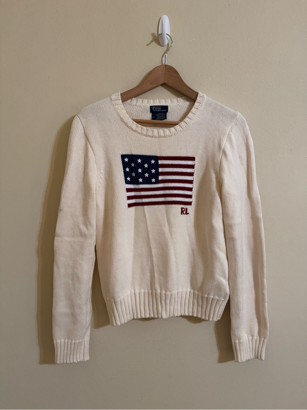 Polo Ralph Lauren American Flag Sweater USA Knit Crewneck Cream Medium
